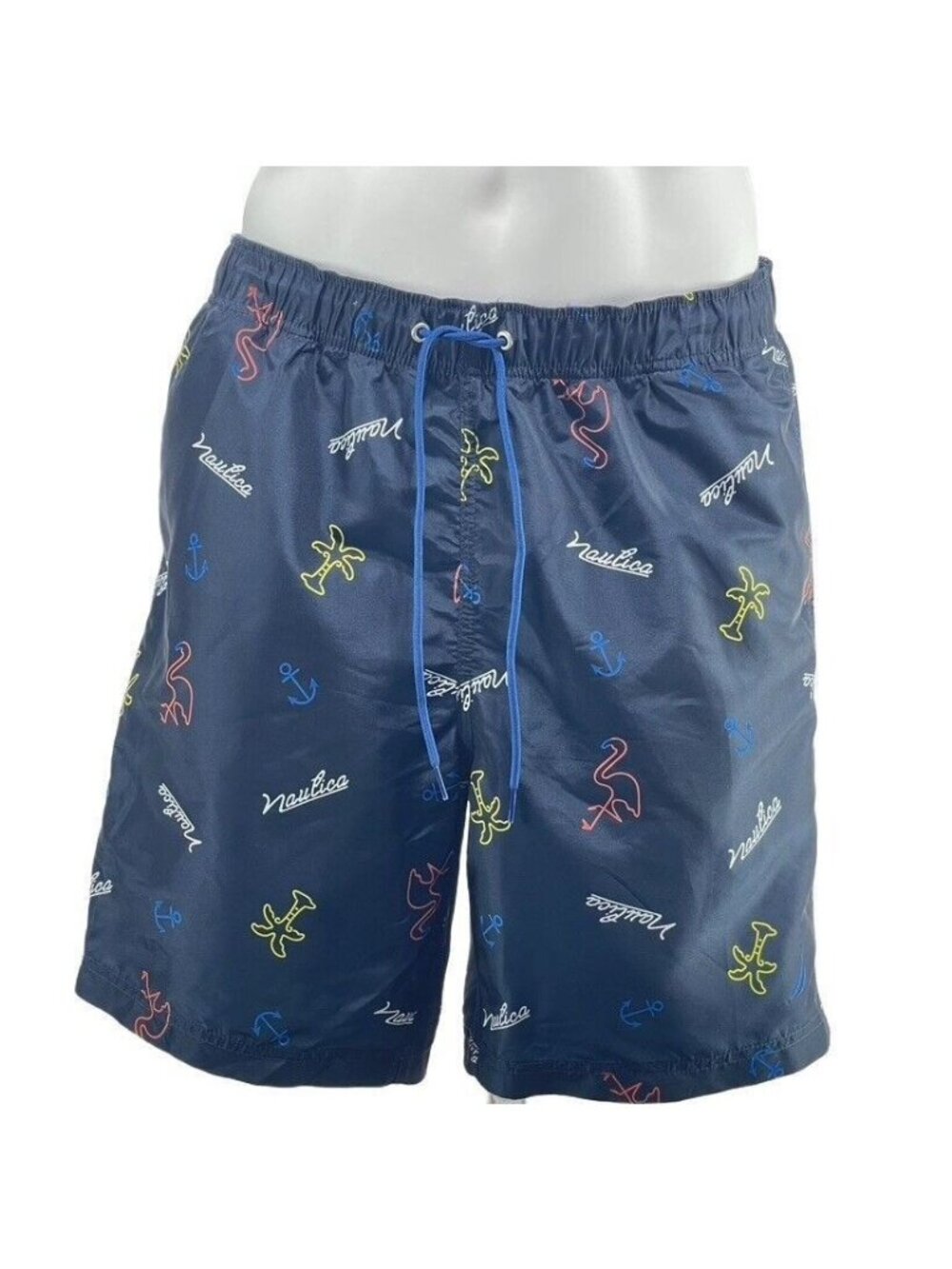 Nautica Mens Navy Swim Trunks With Multicolor Tropical Print Size 34